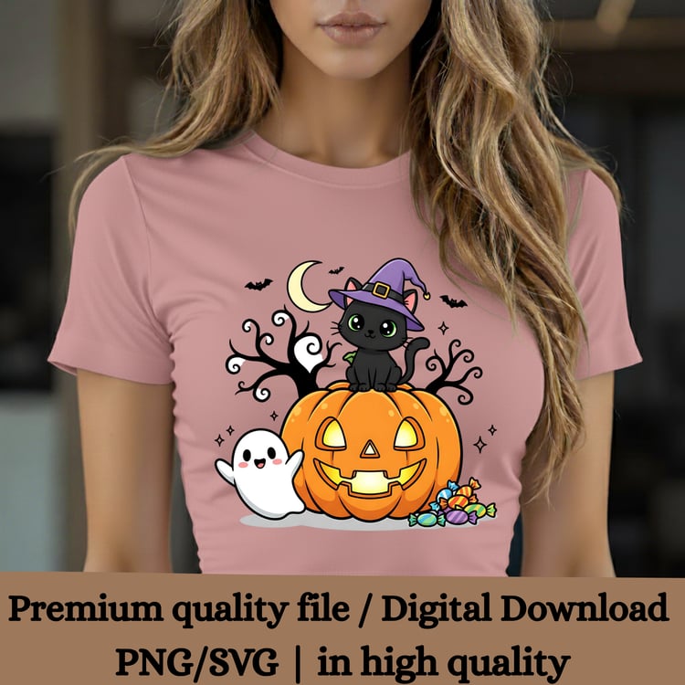 Halloween, black cat, pumpkin, ghost, kawaii, cute, tender, chibi, clip art, png, svg, 300dpi, transparent, high resolution, commercial use, sublimation, cricut, stickers, scrapbooking, t-shirt design, jack o lantern, hat, magic, October, vector, physical