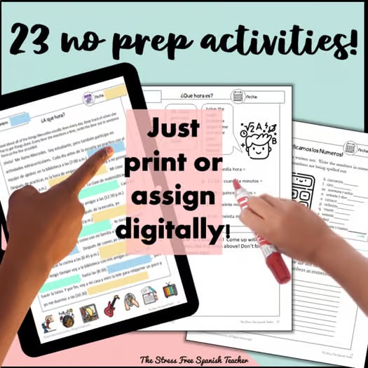 Telling TIME in Spanish 23 activities LA HORA practice los Numeros vocabulary