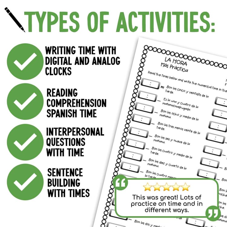 Telling Time in Spanish Worksheets Practice Activities Spanish 1 | La hora