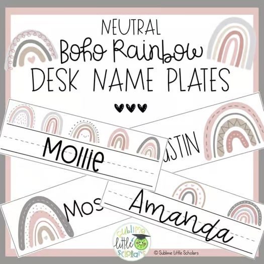 Editable Neutral Boho Rainbow Desk Name Plates | Desk Name Tags