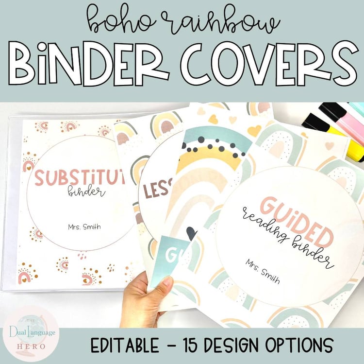 Boho Rainbow editable binder covers