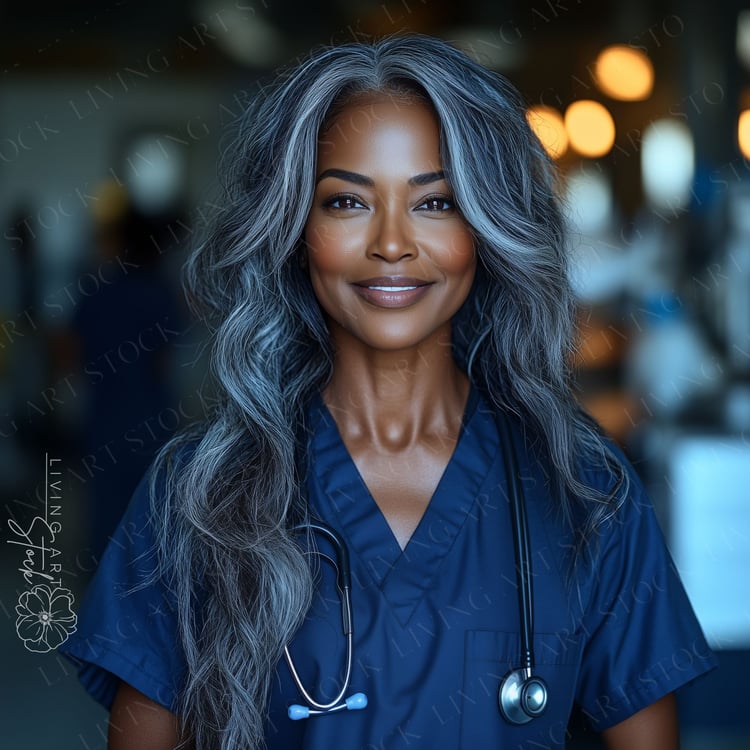 A close-up, compelling portrait of a mature Black woman, radiating confidence and warmth, who appears to be an experienced doctor or nurse. She is wearing dark blue medical scrubs and a stethoscope is draped around her neck. Her striking, long, flowing si