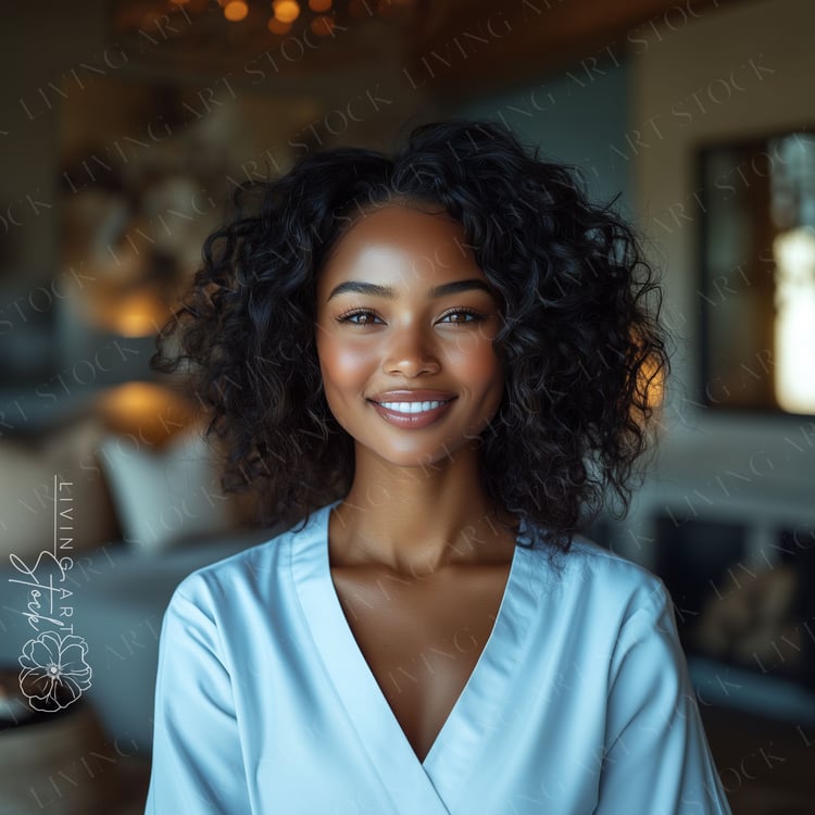 Blasian Woman Nurse Smiling Wearing White Scrubs, She has Black Curly and is Standing in a Living Room, Travel Nurse