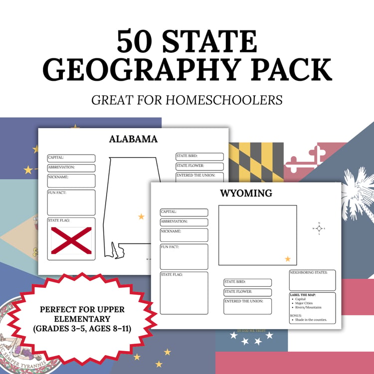 50 States Geography Pack | State Flags, Birds, Flowers and Facts | Educational PDF, Answer Key and Printable Zip Bundle