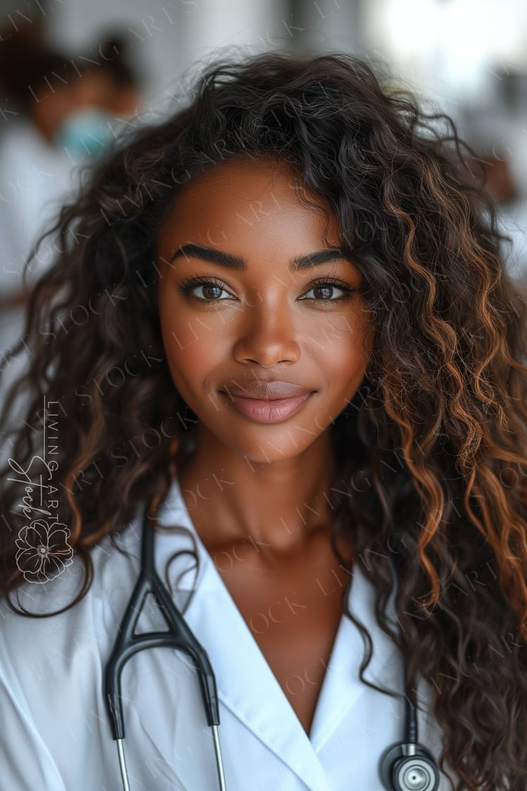 Pretty black woman wearing white scrubs
