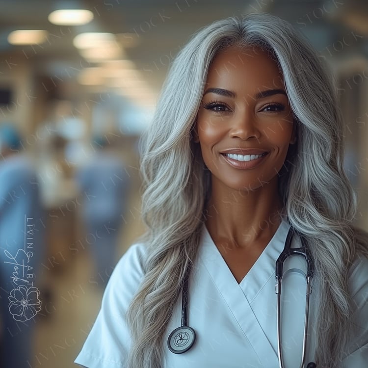 Middle Aged Black Woman Doctor with Long White Hair Smiling Wearing White Scrubs, Hospital Personnel