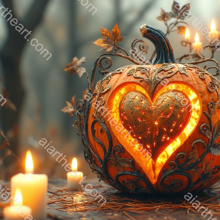 Autumn pumpkin with heart in the woods