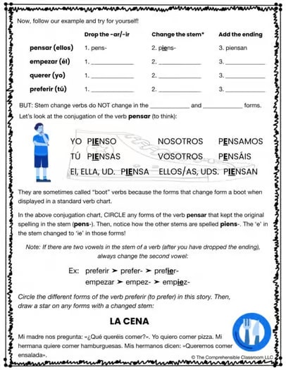 Stem change e-ie verbs in Spanish with reading and activity