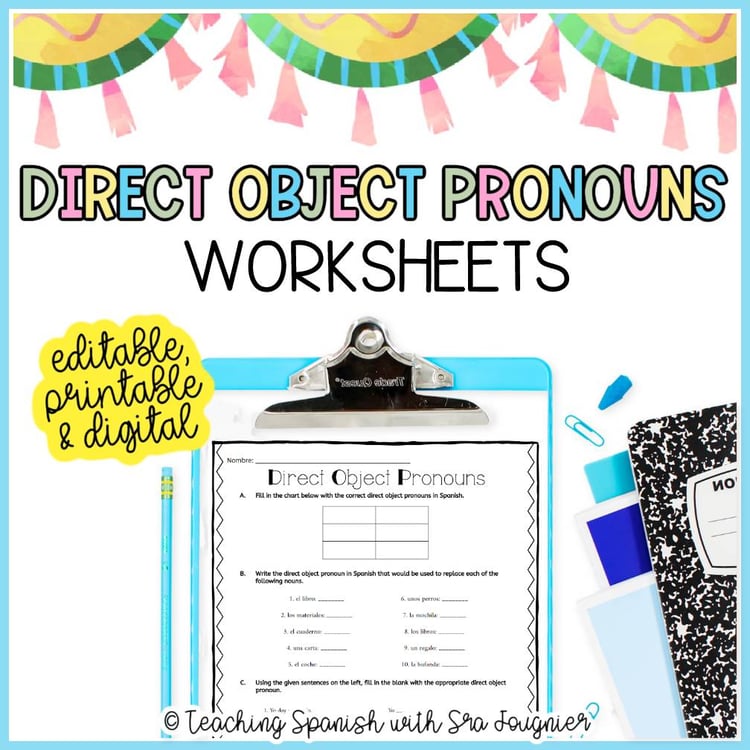 Editable Spanish Direct Object Pronouns Worksheets Digital Printable Sub Plans