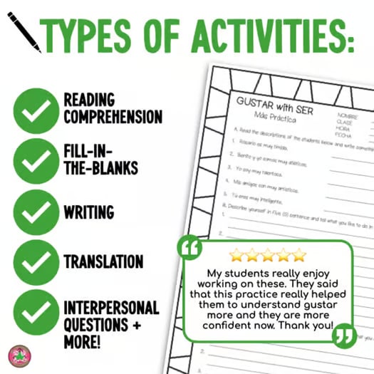 Gustar with Infinitives and Nouns Worksheets Practice Activities Packet