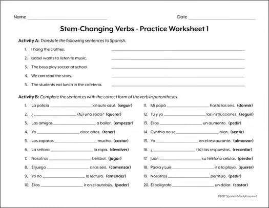 Spanish Stem Changing Verbs Grammar Activities