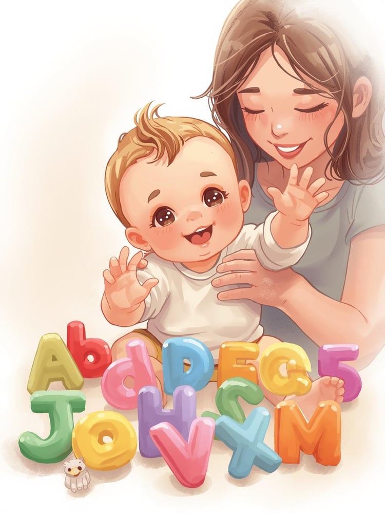 Alphabet Coloring Page category - Cute kawaii cartoon baby playing with alphabet letters with its mother