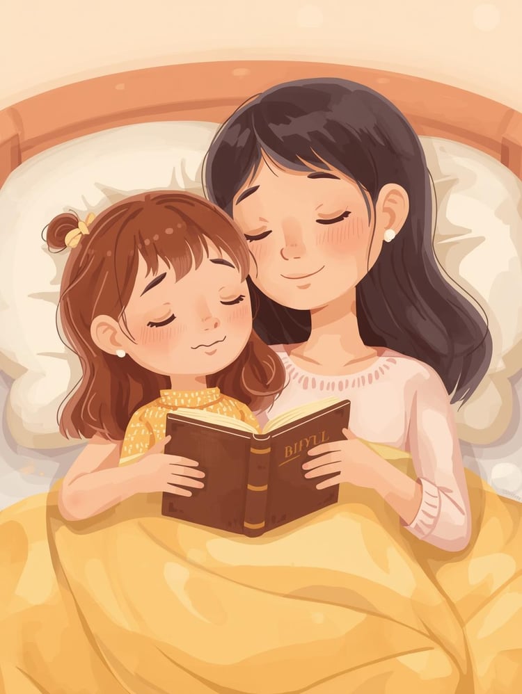 Bible Category  Coloring PageCute kawaii cartoon little girl prying sitting in bed praying with the mother holding a bible