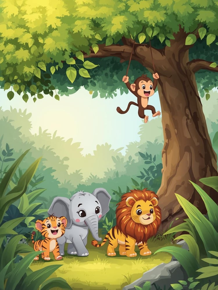 Jungle Coloring Page category Cute cartoon  kawaii  elephant, tiger, lion,walking near the tree and a monkey swing from a tree in the jungle