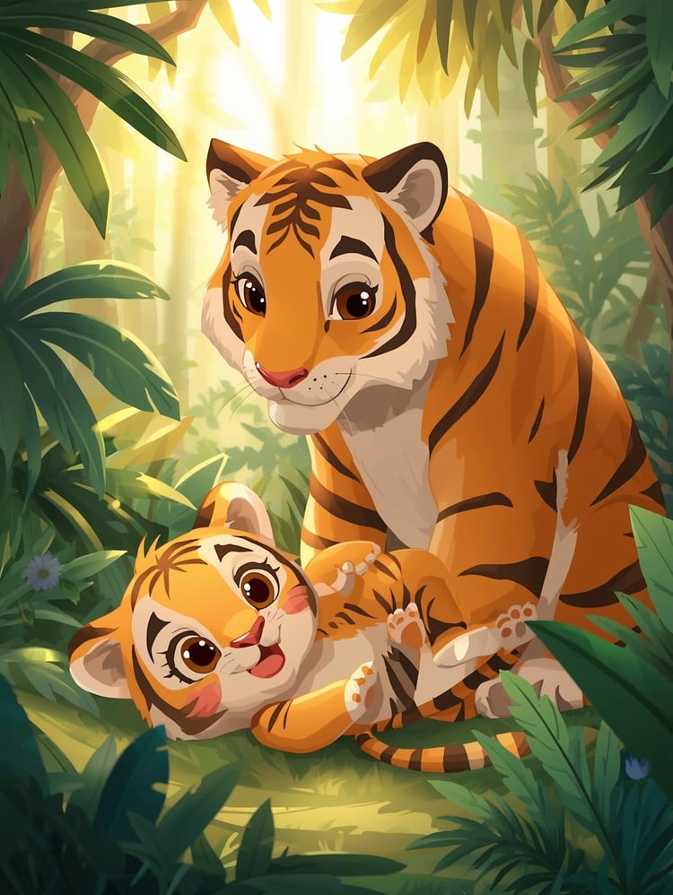 Safari Coloring Page Category Cute cartoon  kawaii baby tiger playing in the safari Jungle with its mother