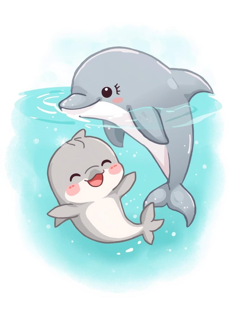 Ocean Coloring Page Cute kawaii cartoon  kawaii baby dolphin playing in the water with its mother