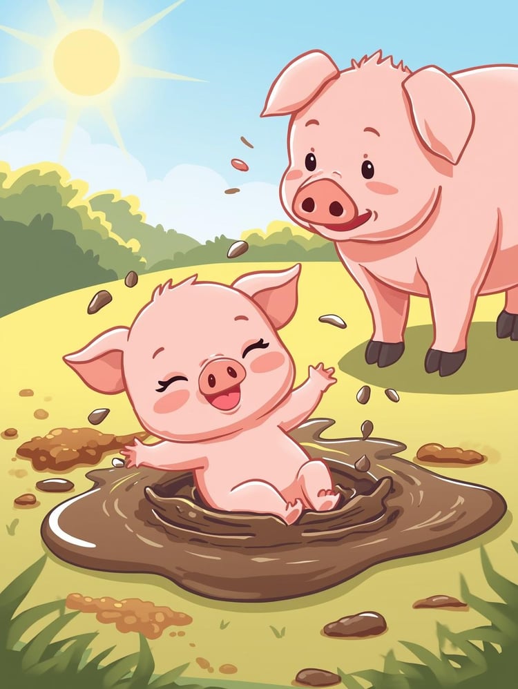 Farmyard Coloring Page Cute kawaii cartoon  kawaii baby pig playing on the farm in the mud with its mother