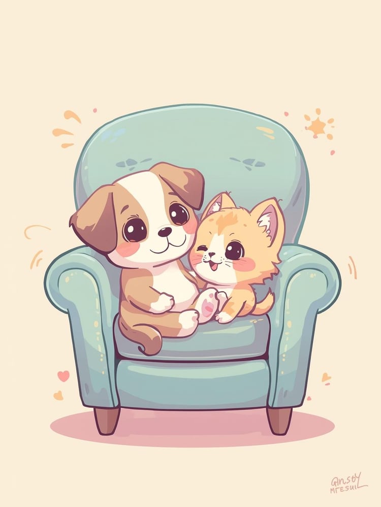 Pet Coloring Page Category Cute kawaii cartoon puppy and kitten playing by a chair