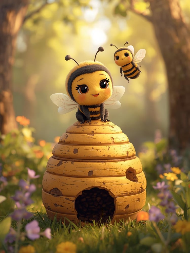 Insect & Bug Coloring Page Category Cute kawaii cartoon  kawaii baby bumblebee on top of a honey hive in the woodland with its mother