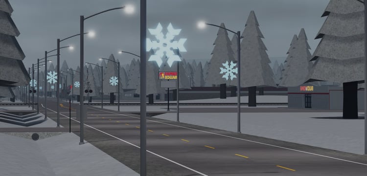 Fox Tech River Falls map – large Roblox state RP map featuring police stations, fire departments, and cozy snowy towns.