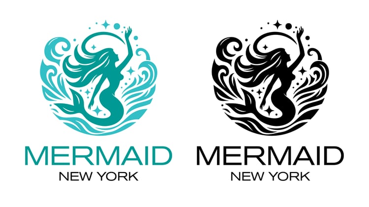 This mermaid logo design is perfect for branding, featuring a graceful mermaid silhouette surrounded by swirling waves and sparkling stars.
