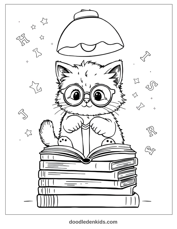 Fluffy kitten with glasses reading a book under a warm lamp, surrounded by stars and letters, cozy children’s illustration.