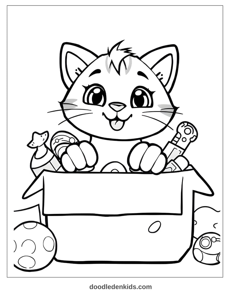 Playful cartoon kitten peeking out of a toy-filled cardboard box, paws sticking out, curious expression.