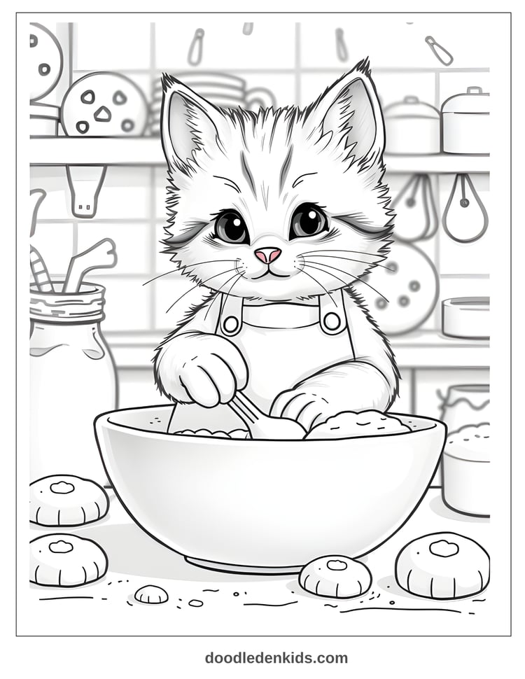Chubby kitten wearing an apron mixing cookie dough, flour on whiskers, cheerful kitchen scene.