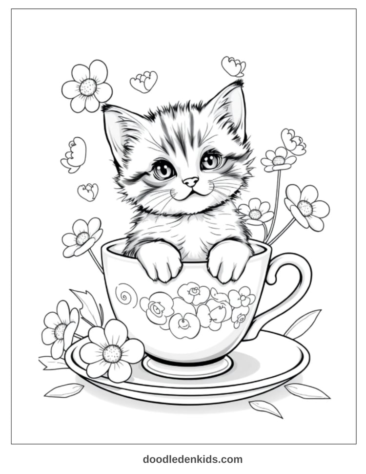 Tiny fluffy kitten sitting inside a giant teacup surrounded by floating flowers and bubbles.