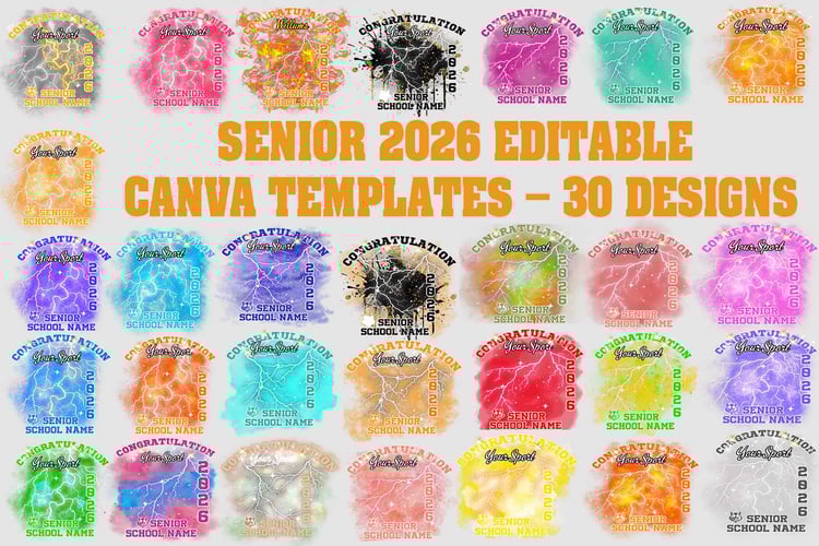 Celebrate your graduating seniors in style! 🎓✨ This bundle includes 30 fully editable Canva templates perfect for Senior 2026 events, sports teams, graduation parties, school merch, and digital or print use.  ✅ Easy to edit in Canva ✅ Change text, colors,