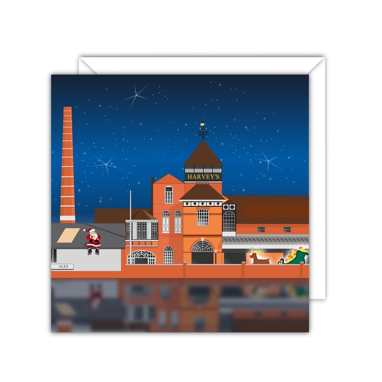 A light-hearted Lewes Christmas card featuring Santa taking a well-earned break outside Harvey’s Brewery.
