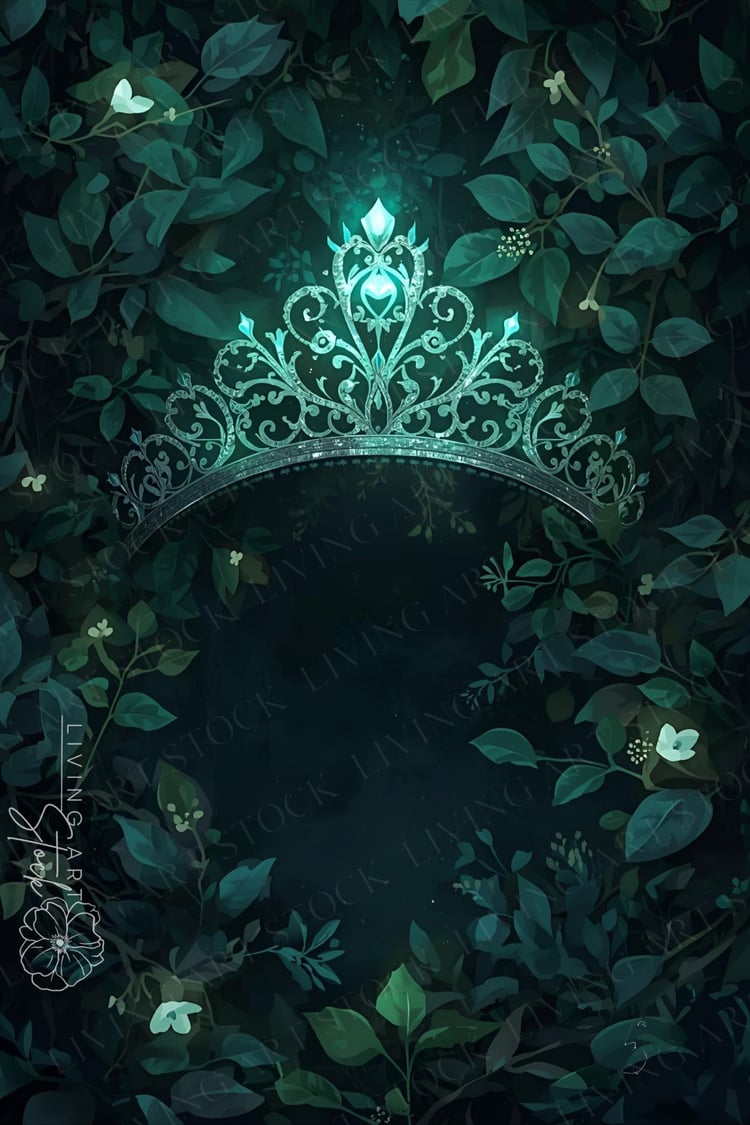 This stunning vertical image depicts a beautiful, ornate tiara emerging from a backdrop of lush, dark green foliage. The tiara itself is a work of fantasy, crafted from what appears to be silver or platinum, with intricate, swirling filigree and large, gl