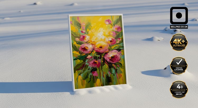 Vibrant Yellow Floral Abstract Oil Painting Vertical Canvas – Simple Poster Presentation