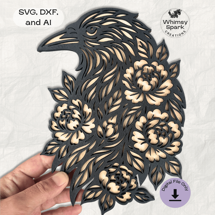 Raven Floral Layered SVG Gothic Bird Laser Cut File Dark Botanical Papercut Design Mystical Woodland Decor for Glowforge & Cricut