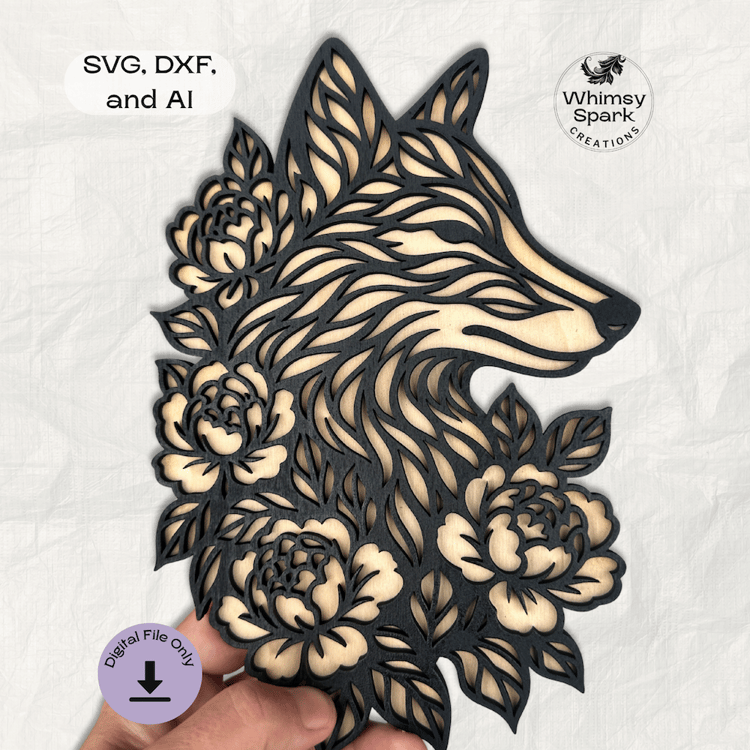 Floral Fox SVG Layered Laser Cut File Abstract Animal Line Art Woodland Rustic Decor for Cutting Machines