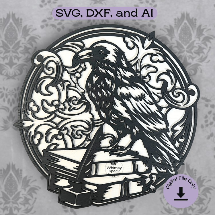 Raven on Books SVG Gothic Crow Multilayer Laser Cut File Dark Academia Wall Art Pattern for Glowforge, Cricut & CNC Bookish Home Decor