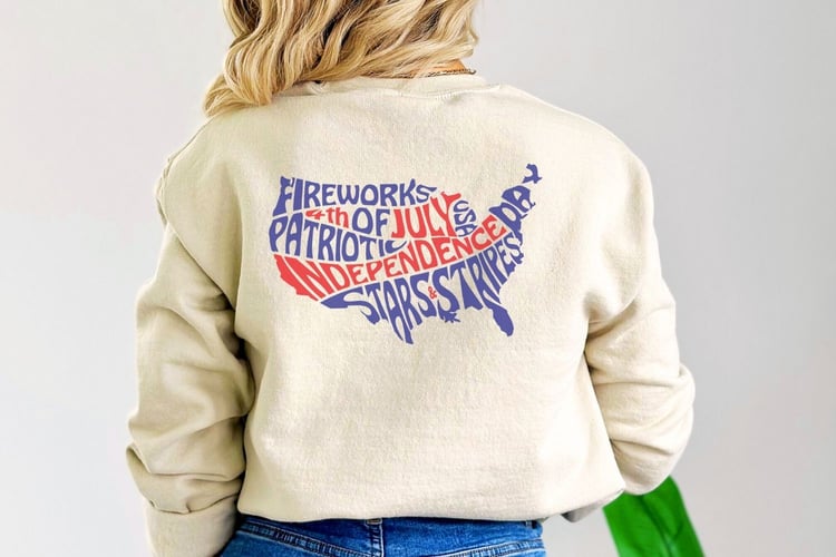 This patriotic design features the words: Patriotic, Fireworks, Stars and Stripes, Independence Day and 4th of July, creatively arranged within the silhouette of the United States.