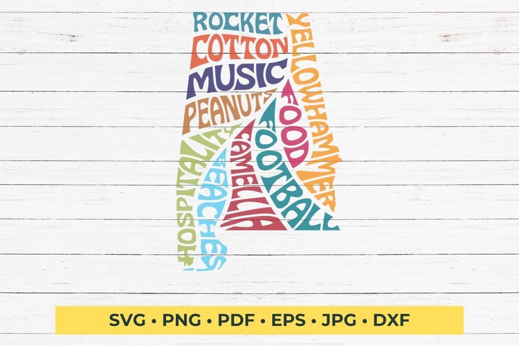 This unique design features words that represent the heart and soul of Alabama: 'Rocket,' 'Music,' 'Cotton,' 'Food,' 'Peanuts,' 'Yellowhammer,' 'Football,' 'Camellia,' 'Beaches,' and 'Hospitality,' all beautifully integrated into the silhouette of Alabama