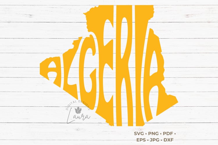 This design features the word Algeria seamlessly integrated into the silhouette of this African country.