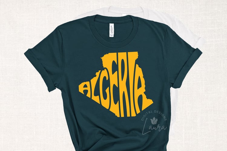 This design features the word Algeria seamlessly integrated into the silhouette of this African country.