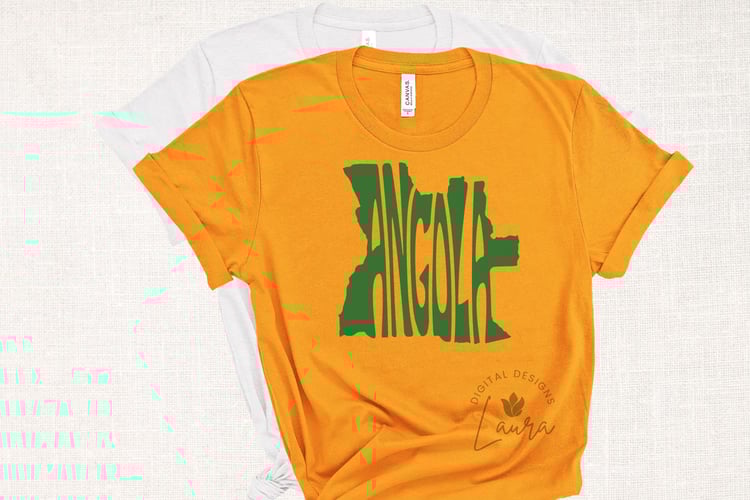 This design features the word Angola seamlessly integrated into the silhouette of this African country.
