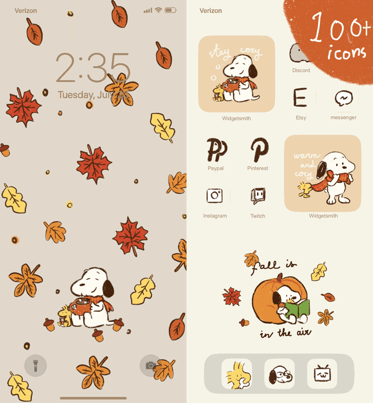 Snoopy Cozy Fall Icon Pack | Home screen customization set for iPhone iPad Android