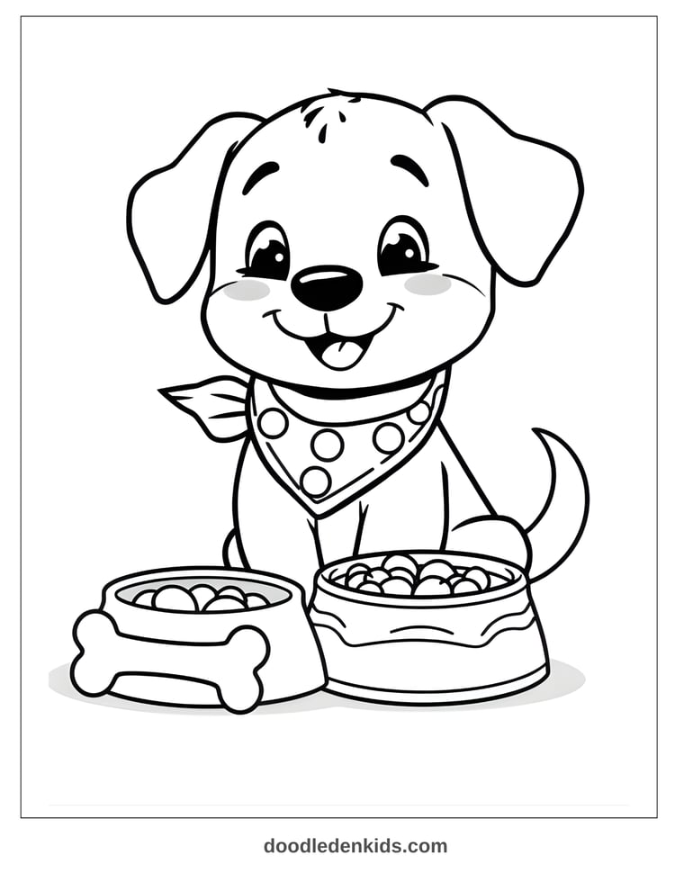 Cute cartoon puppy wearing a bandana, sitting beside a food bowl and bone, smiling with a wagging tail, children’s coloring page line art.