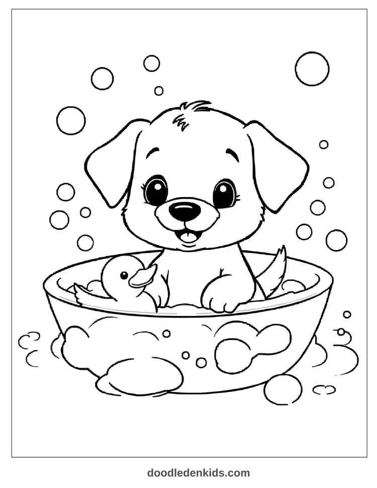 Cute cartoon puppy in a bubble bath with a rubber duck, splashing and smiling, kids’ coloring page.