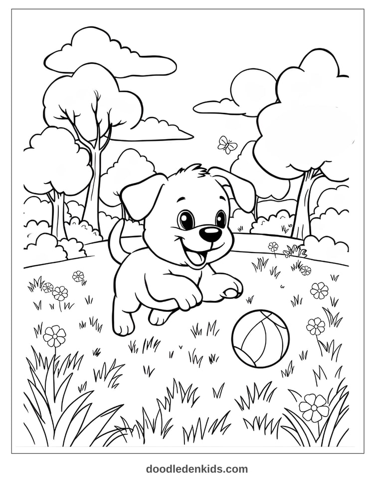 Cartoon puppy playing fetch in a sunny park, ball and trees in the background, coloring page art.