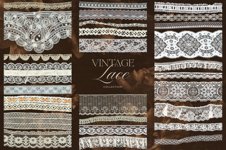 Vintage antique lace graphics in cream and white on a dark background