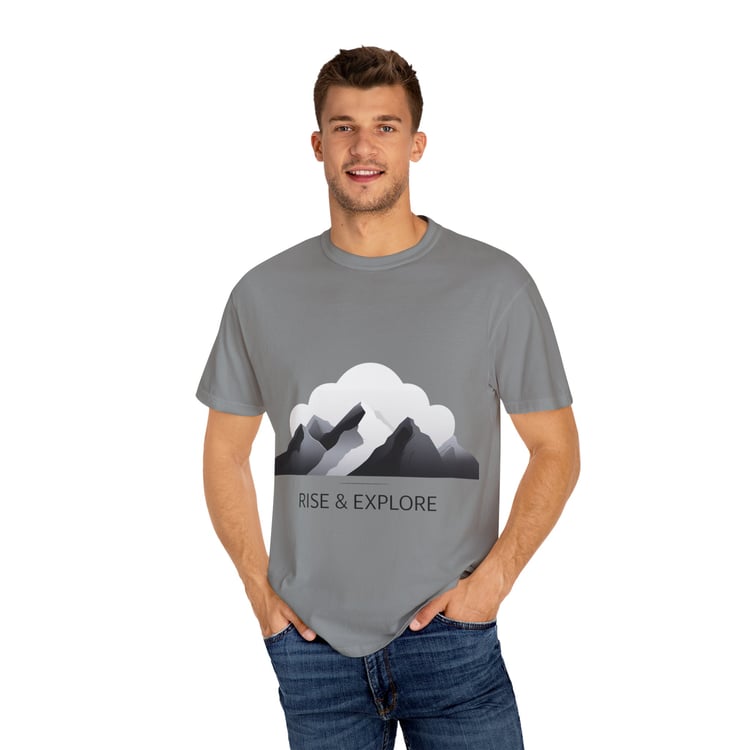 Minimalist mountain unisex tee in Granite. Soft, eco-friendly cotton and customizable print. Free shipping to U.S. & Canada.