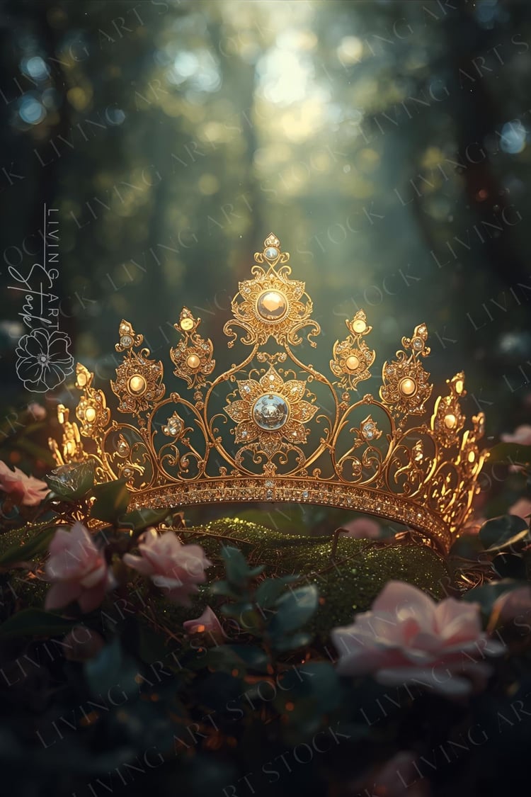 A captivating, vertical image of an opulent, gold crown resting amongst moss and pink roses in a mystical, dark forest. The intricate tiara features an elaborate baroque or royal design with numerous diamonds and jewels that catch the light. A dramatic su