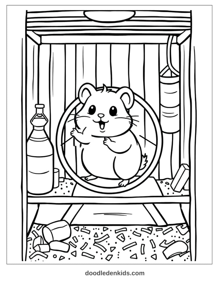 Cartoon hamster running on a wheel inside a cozy cage, fun children’s coloring page art.