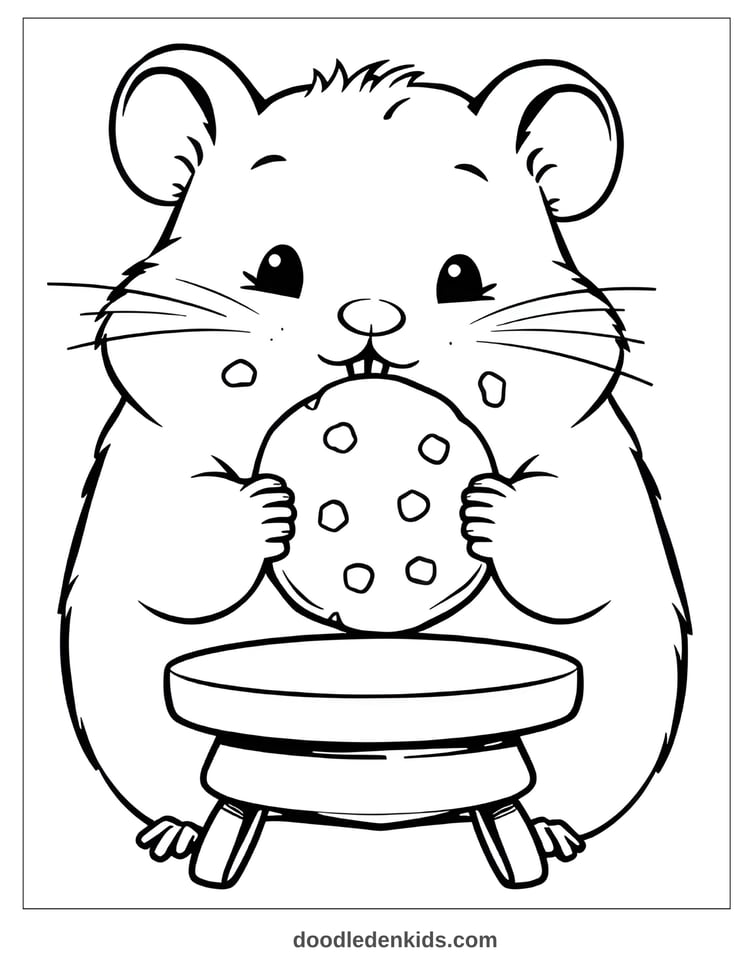Cute hamster holding a cookie with chubby cheeks, crumbs on fur, sweet coloring page